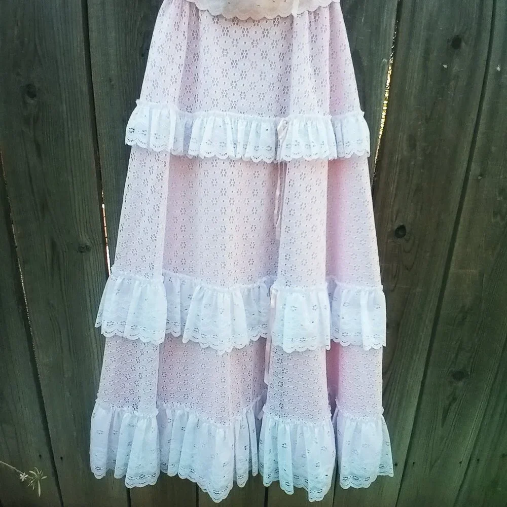 VINTAGE 70'S 80'S DANCE ALLURE MAXI DRESS SZ 8 WHITE PINK OFF SHOULDER TIERED - Picture 7 of 13